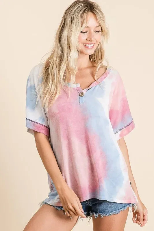 Dye French Terry Top With Buttoned Placket - Eva's Edition