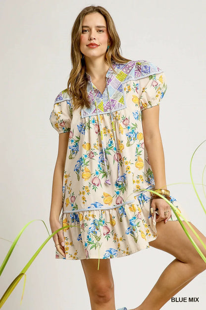 Floral Print Tie Neck Puff Sleeve Dress - Eva's Edition