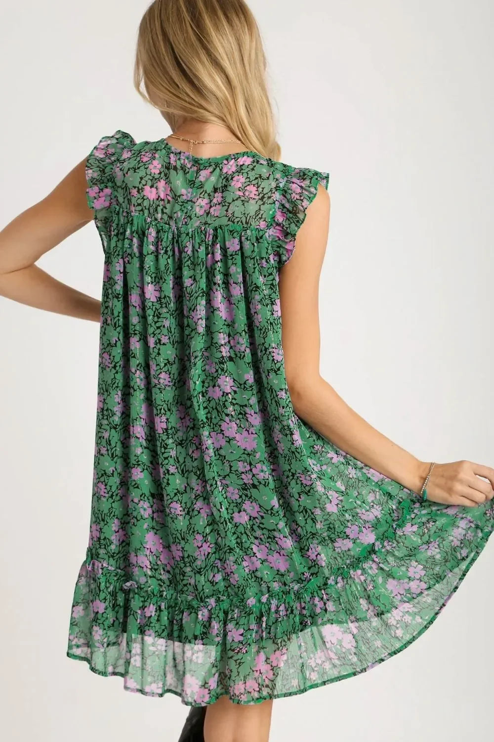 Smocked Detail Floral Metallic Ruffle Cap Sleeve Dress Plus Size - Eva's Edition