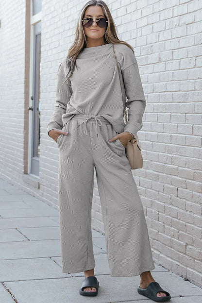Textured Long Sleeve Top and Drawstring Pants Set - Eva's Edition