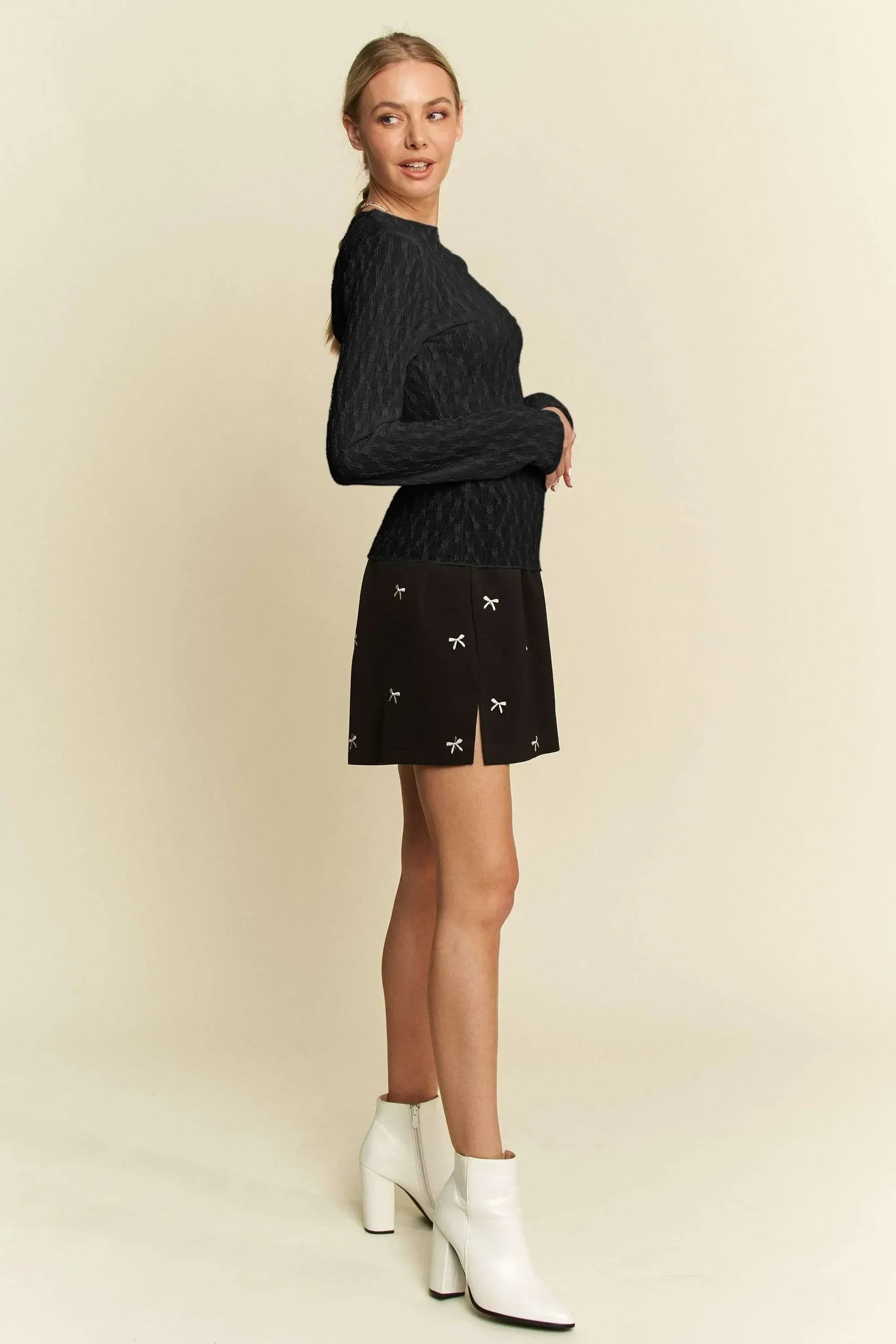Long Sleeve Sheer Small Embroidered Bows Lace Top - Eva's Edition