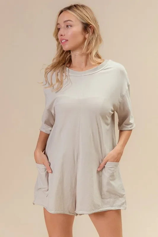Short Sleeve Back Open Washed Romper - Eva's Edition