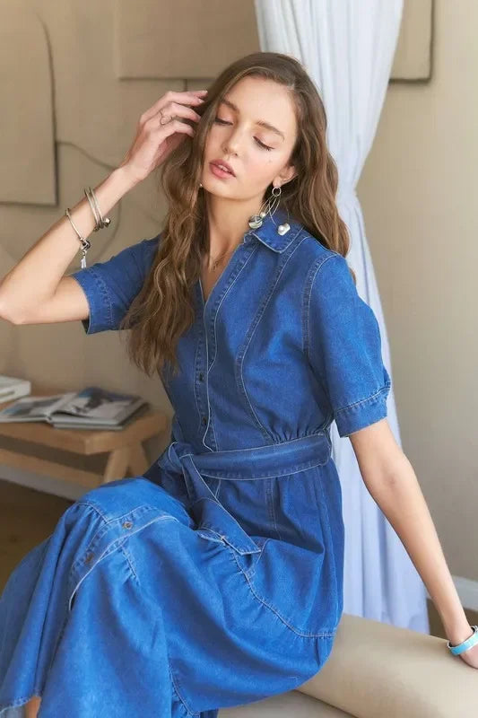 Tiered Button Down Tie Waist Short Sleeve Denim Dress - Eva's Edition