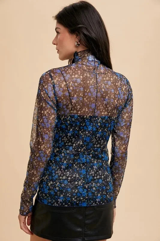 Annie Wear Floral Lettuce Hem Sheer Mesh Top - Eva's Edition