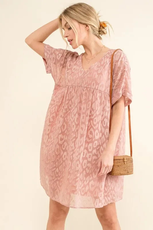 Woven Leopard Baby Doll Roll-Sleeve Casual Dress - Eva's Edition