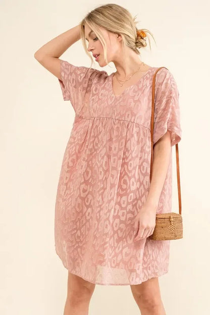 Woven Leopard Baby Doll Roll-Sleeve Casual Dress - Eva's Edition