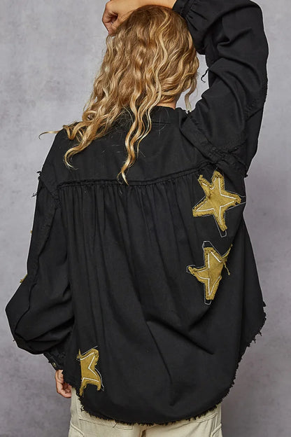 Star Patch Raw Hem Button Up Denim Jacket - Eva's Edition