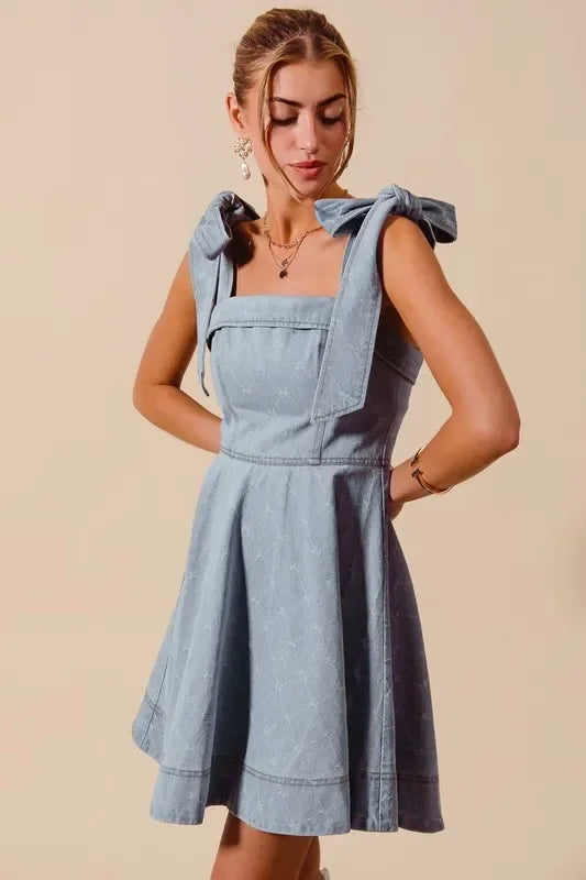 Diamond Bow Ribbon Denim Dres - Eva's Edition