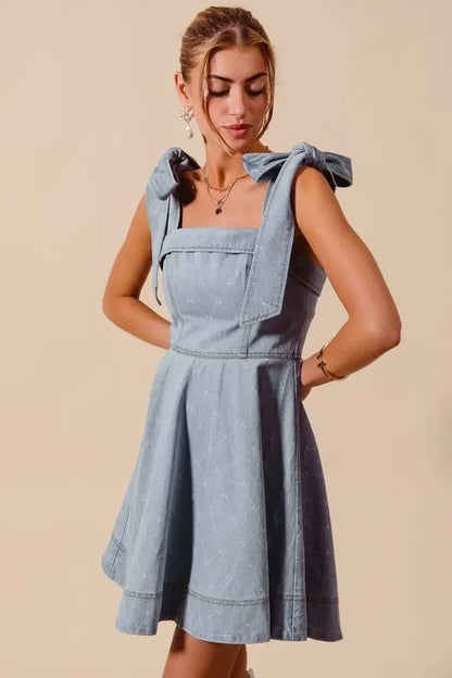 Diamond Bow Ribbon Denim Dres - Eva's Edition