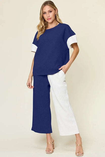 Textured Contrast T-Shirt and Wide Leg Pants Set - Eva's Edition