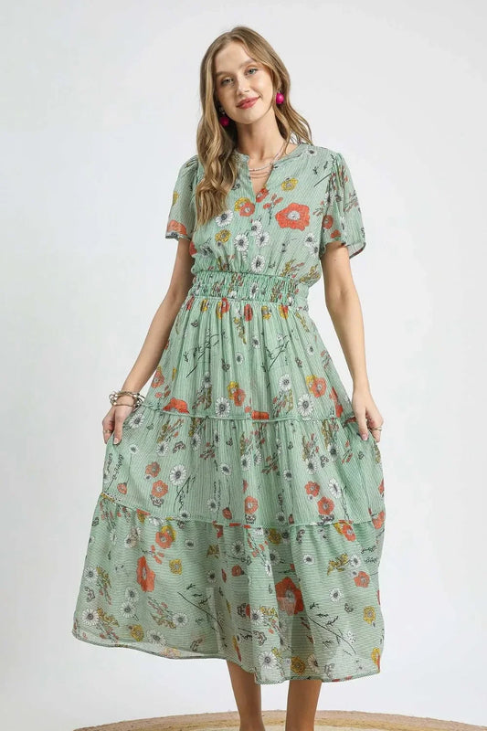 Smocked Waist Floral Short Sleeve Midi Dress - Eva's Edition