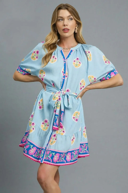 Floral Print Tie Waist Short Sleeve Dress - Eva's Edition