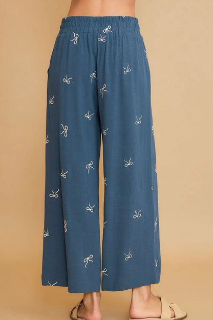 Lace Drawstring Embroidered Bow Wide Leg Pants Plus Size - Eva's Edition