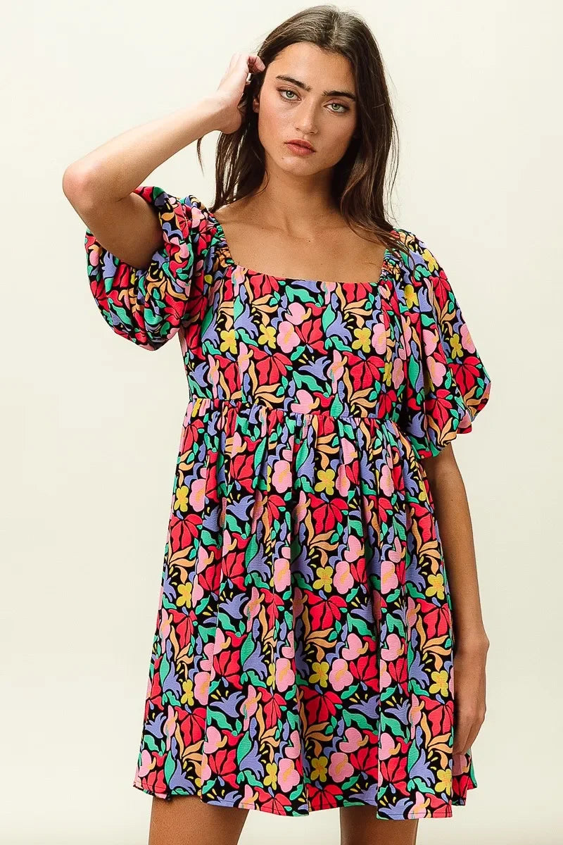 Floral Print Puff Square Neck Dress - Eva's Edition