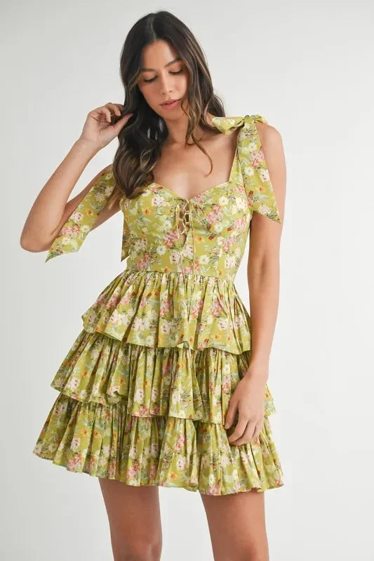 Floral Print Shoulder Tie Layered Mini Dress - Eva's Edition