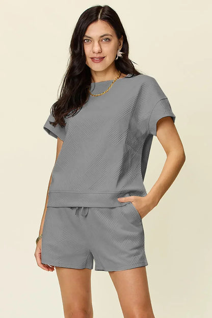 Textured Short Sleeve T-Shirt and Drawstring Shorts Set - Eva's Edition