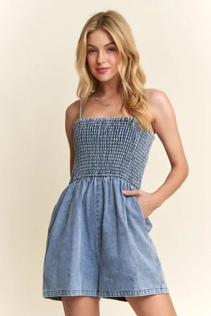 Smocked Spaghetti Strap Denim Romper - Eva's Edition