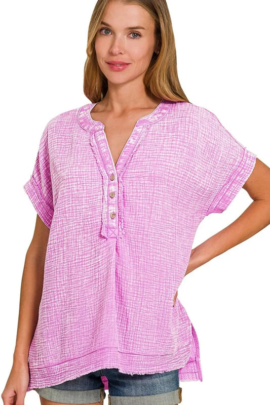 Double Gauze 3/4 Button Henley Neck Shirt - Eva's Edition