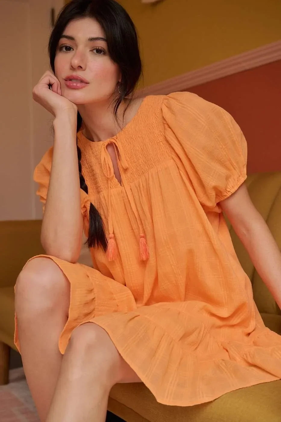 Tassel Tie Plaid Gauze Short Sleeve Mini Dress - Eva's Edition