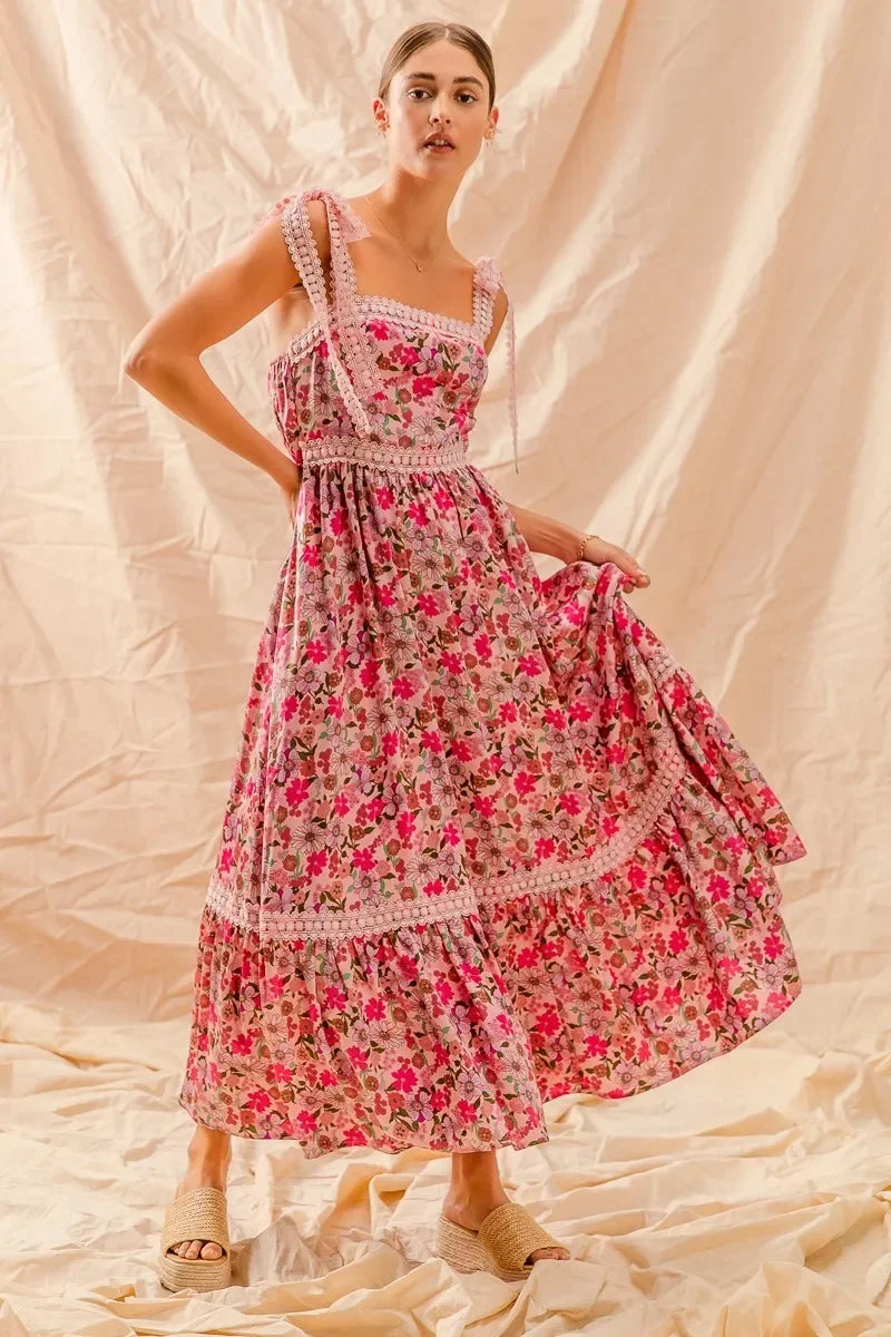 Floral Maxi Dress With Ribbon Tie Lace Strap - Eva's Edition