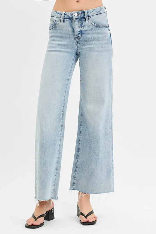 Tummy Control Low Rise Wide Leg Raw Cut Hem Jeans - Eva's Edition