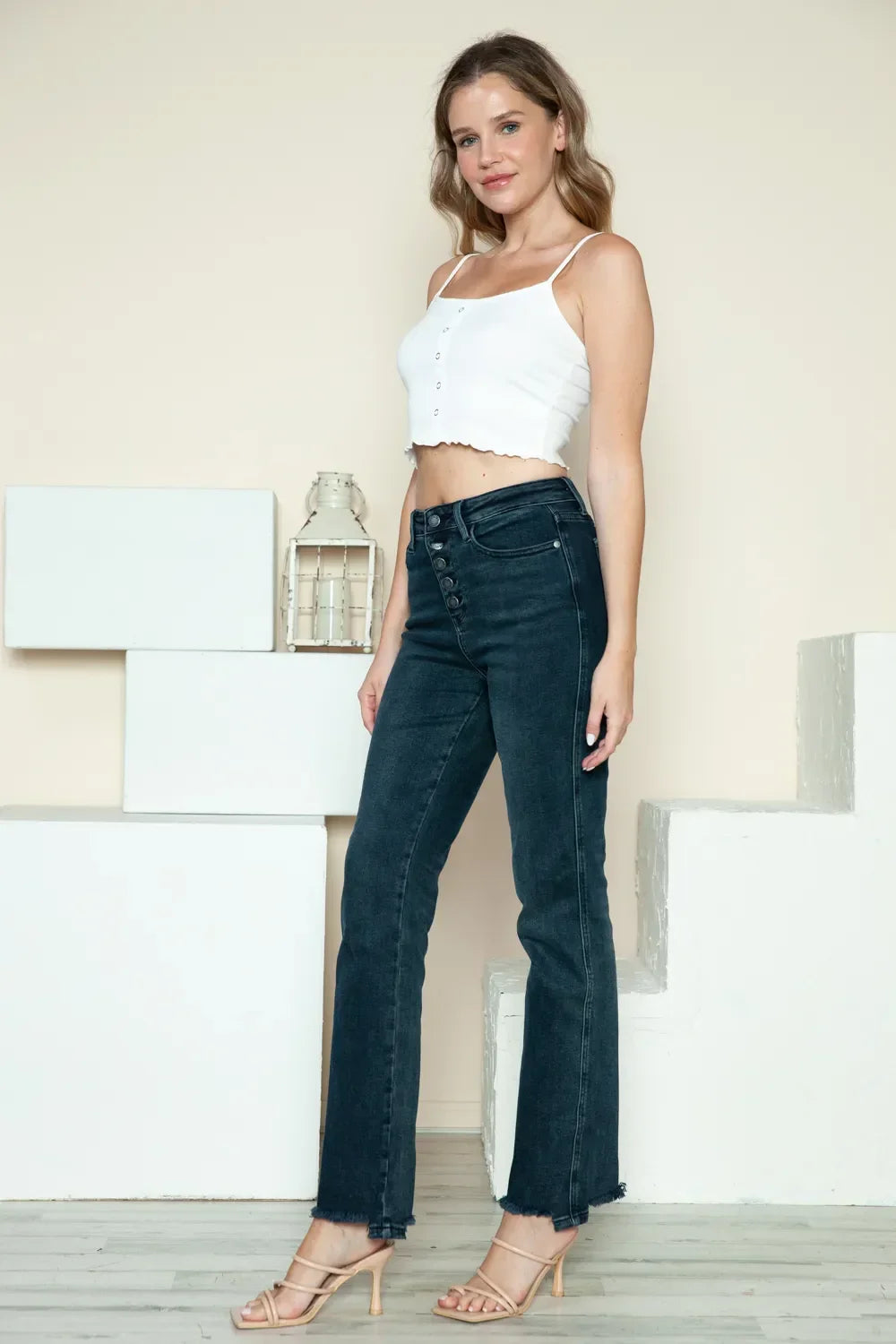 Button Fly Hem Destroy Straight Jeans - Eva's Edition