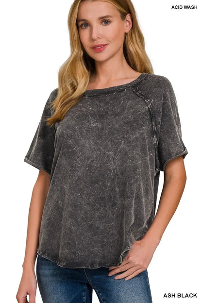 Back Patch Crinkle Washed Raglan Sleeve T-Shirts - Eva's Edition