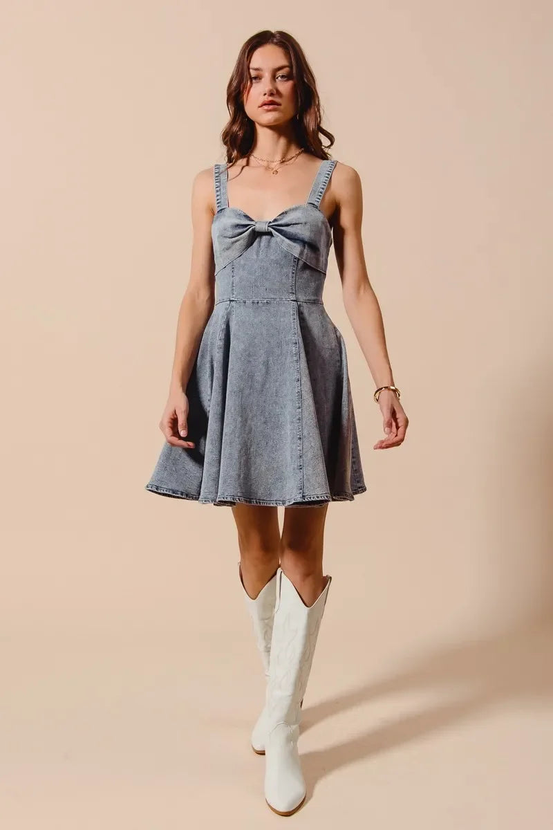 Mineral Washed Bow Ribbon Denim Flare Dress - Eva's Edition