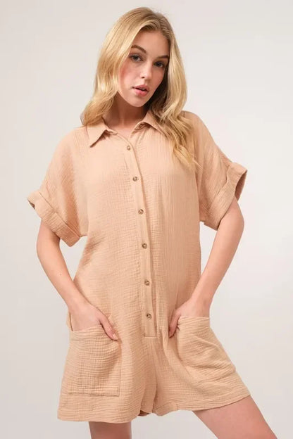 Gauze Roll-up Sleeve Comfort Utility Romper - Eva's Edition