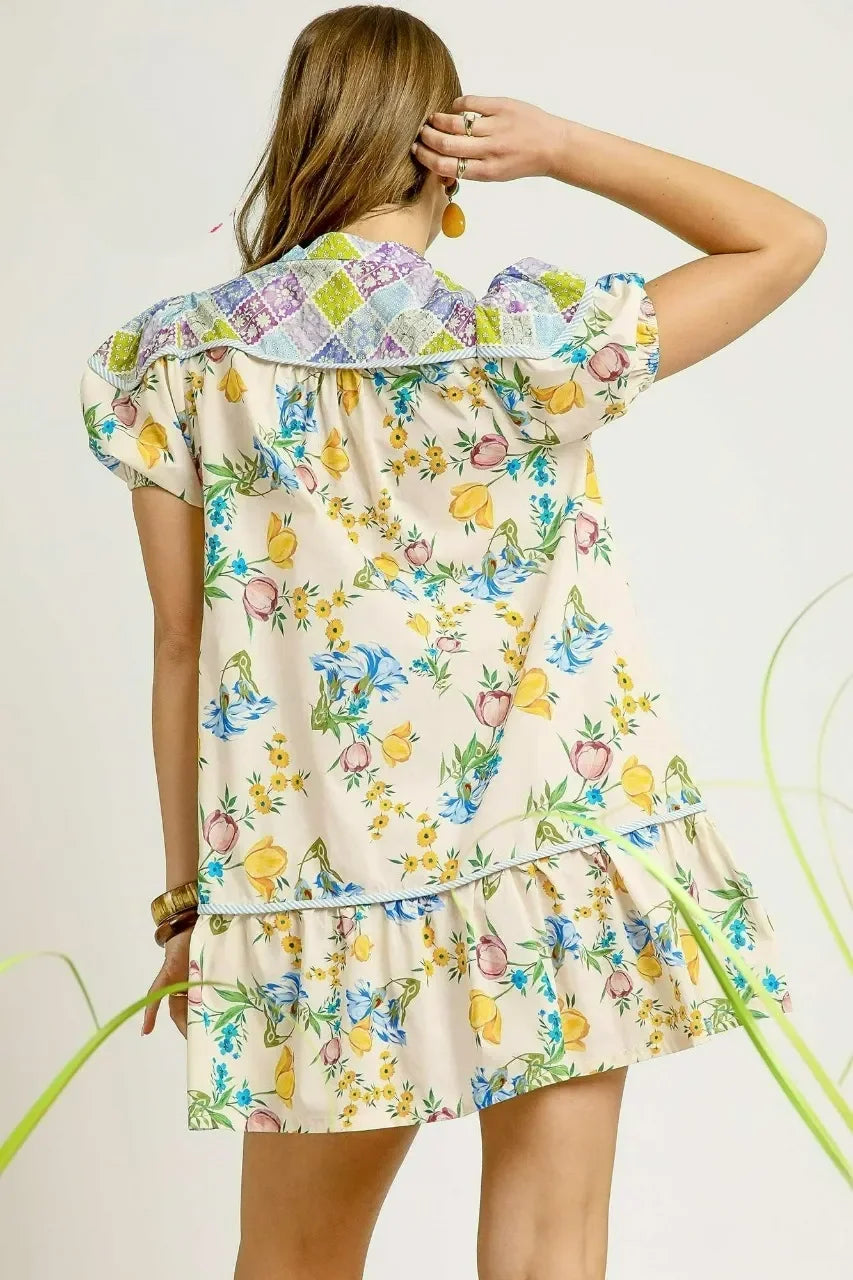 Floral Print Tie Neck Puff Sleeve Dress - Eva's Edition