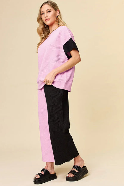 Textured Contrast T-Shirt and Wide Leg Pants Set - Eva's Edition