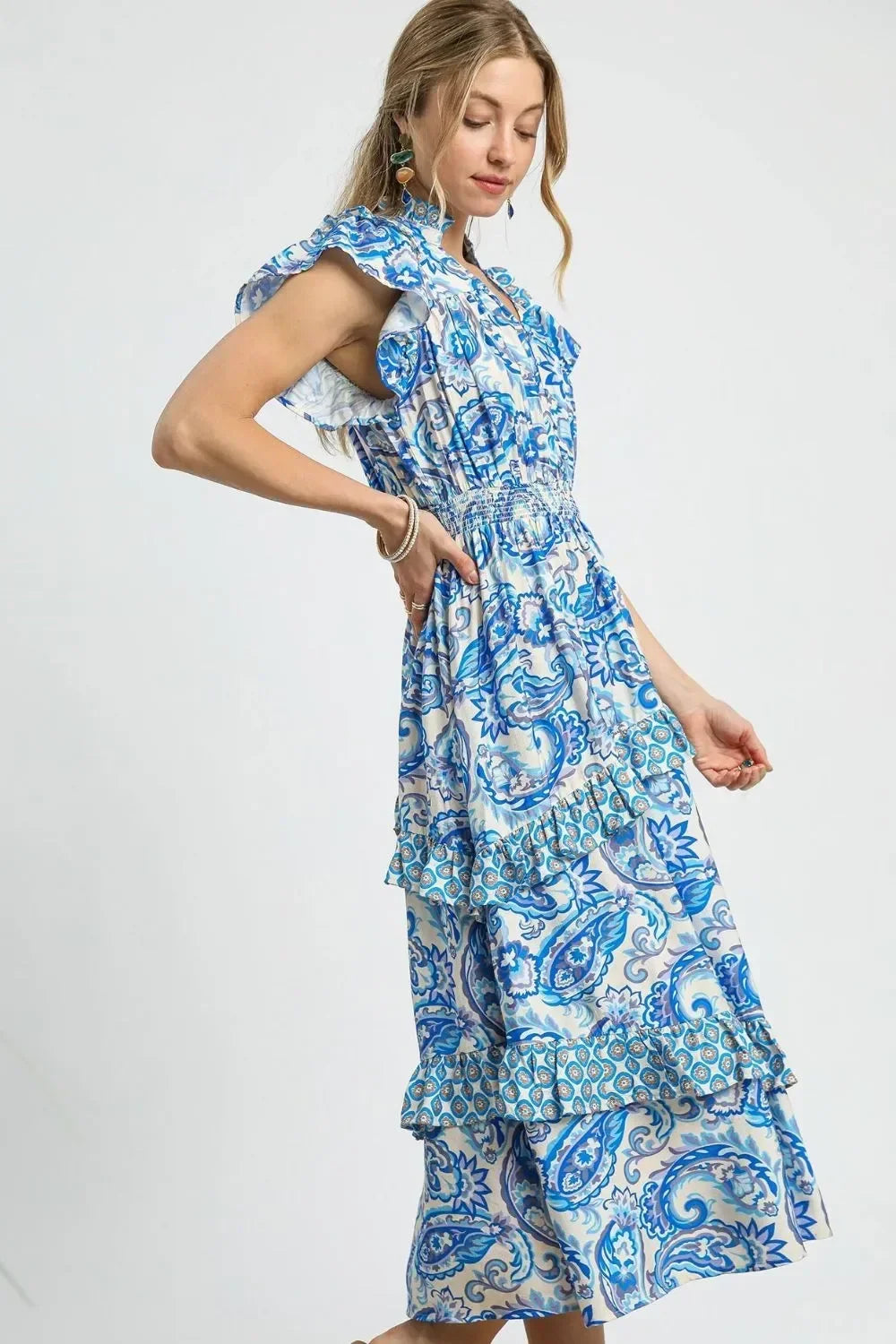 Print Ruffle Sleeve Midi Dress - Eva's Edition
