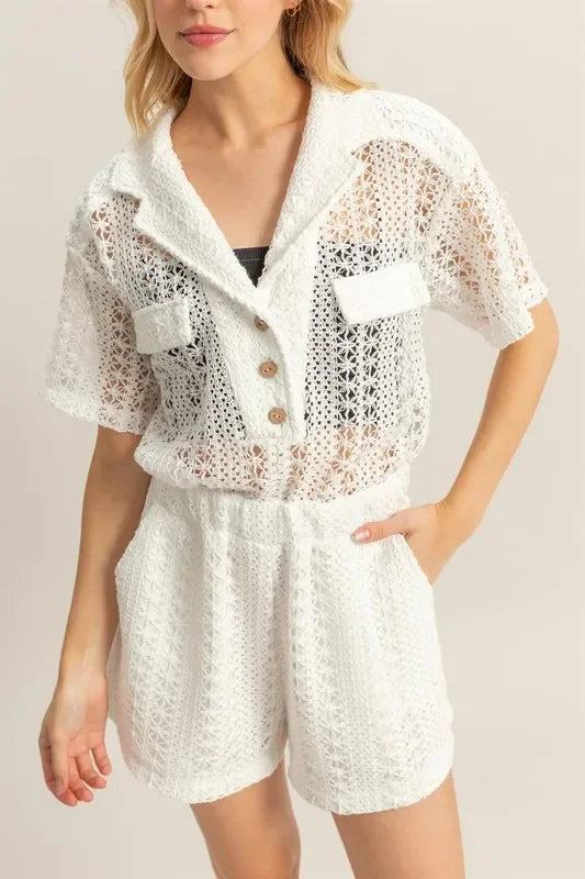 Crochet Button Front Short Sleeve Romper - Eva's Edition