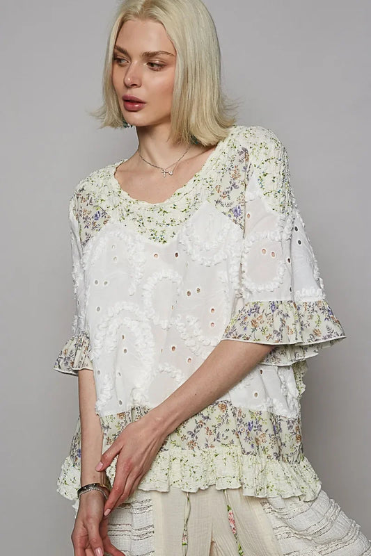 Floral Print Eyelet Ruffled Hem Blouse - Eva's Edition