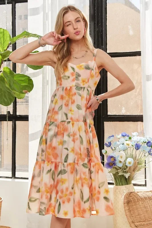 Smocked Back Floral Adjustable Strap Midi Dress - Eva's Edition