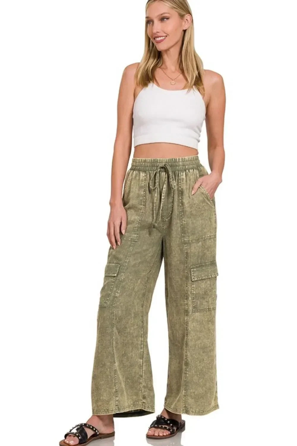 Linen Elastic Band Waist Cargo Pants - Eva's Edition