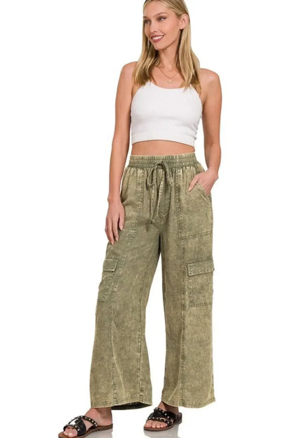 Linen Elastic Band Waist Cargo Pants - Eva's Edition