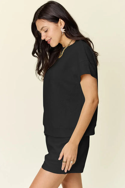 Textured Short Sleeve T-Shirt and Drawstring Shorts Set - Eva's Edition