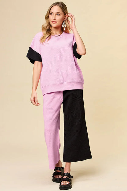 Textured Contrast T-Shirt and Wide Leg Pants Set - Eva's Edition