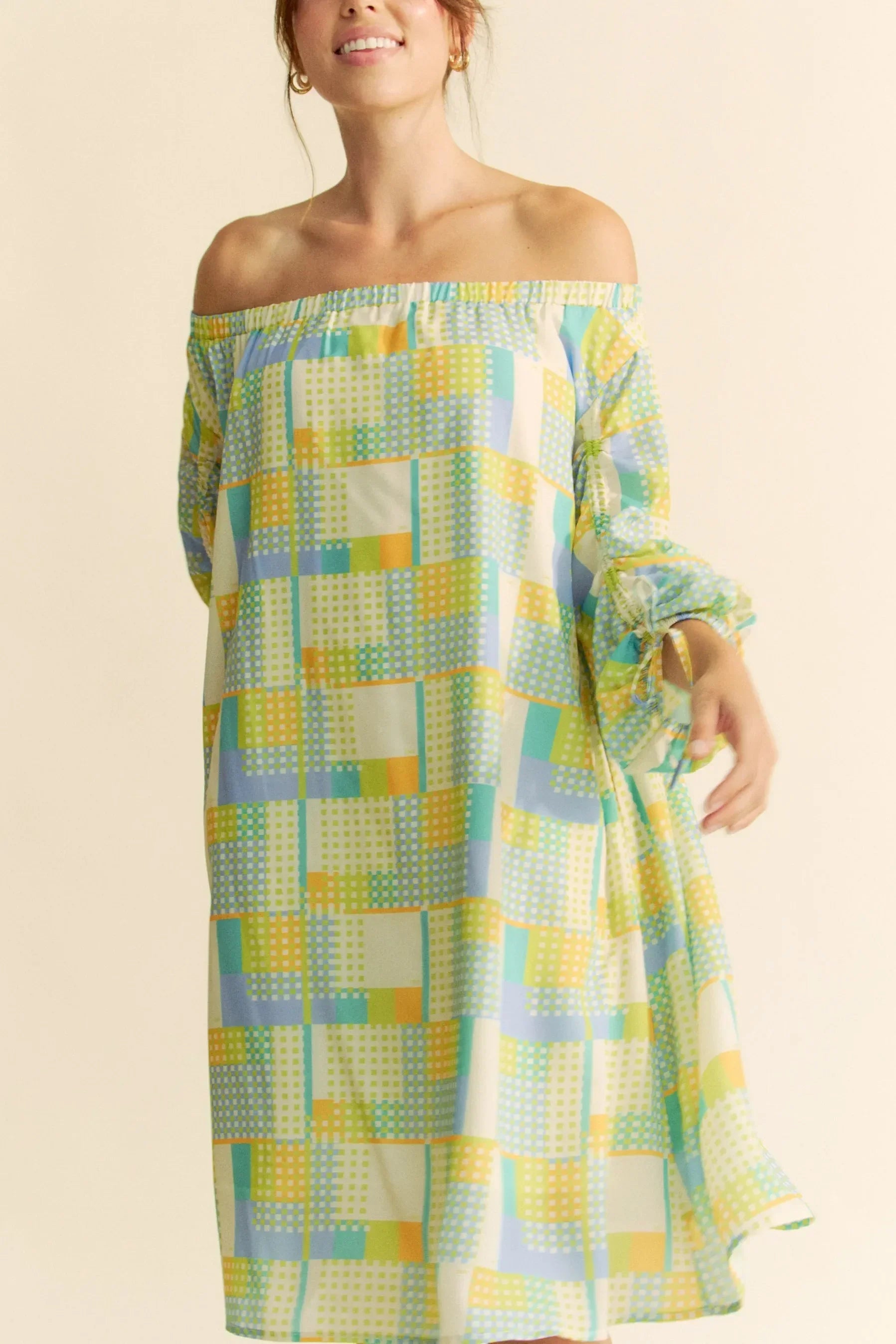 Printed Off Shoulder Drawstring Sleeve Mini Dress - Eva's Edition