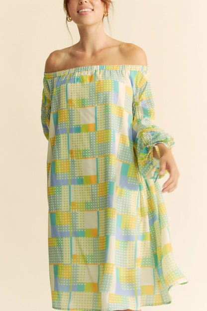 Printed Off Shoulder Drawstring Sleeve Mini Dress - Eva's Edition