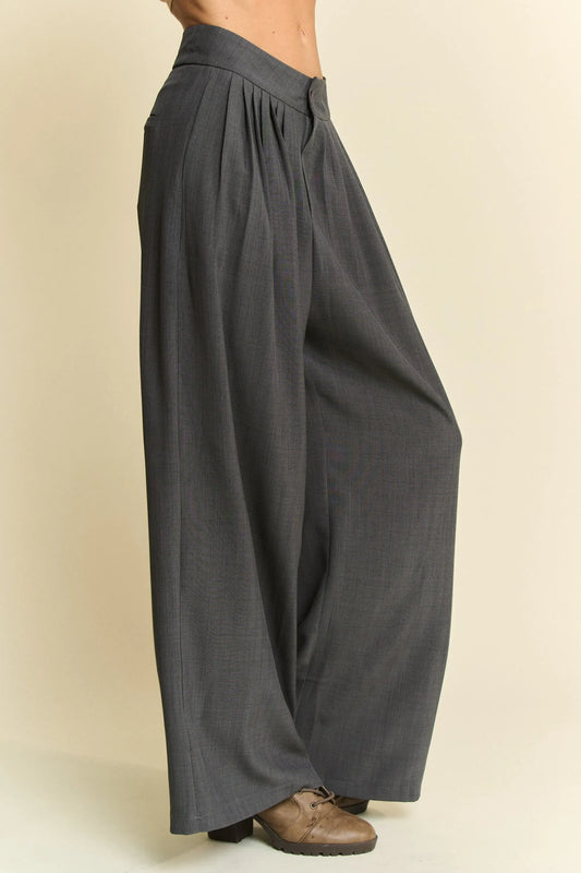 Solid Back Pocket Shirring Detail Wide Leg Pants - Eva's Edition