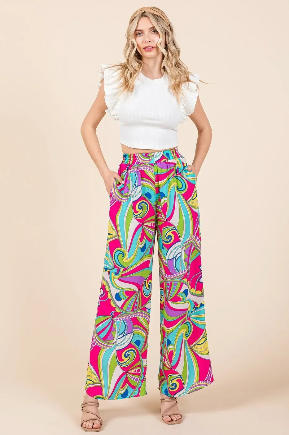 Abstract Print Elastic Waist Wide Leg Pants - Eva's Edition