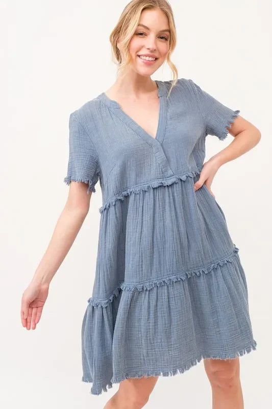 Frayed Detail Tiered Dress - Eva's Edition
