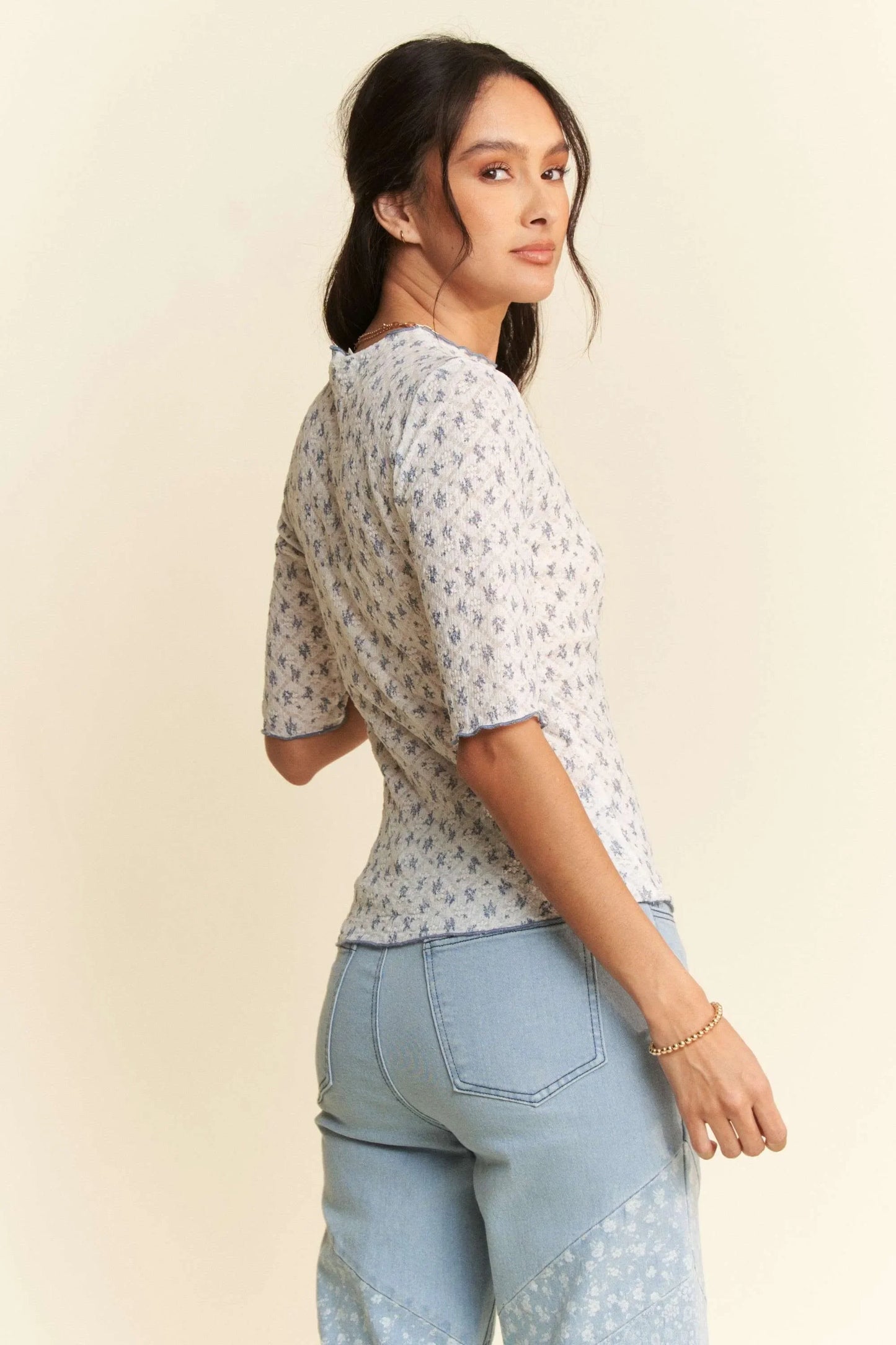Laced Stretch Floral Marrow Edge Half Sleeve Top - Eva's Edition