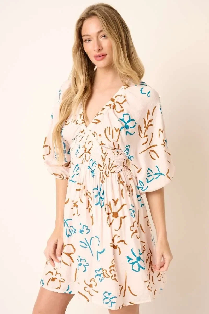 Flower Print Mocked Waist Mini Dress - Eva's Edition