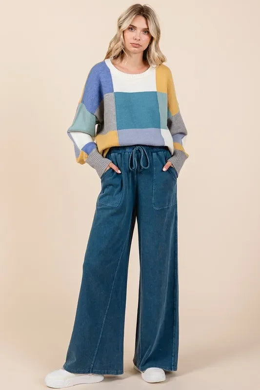 Mineral Wash French Terry Drawstring Wide Leg Pants - Eva's Edition