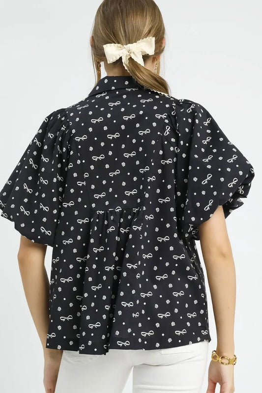 Bow Print Puff Sleeve Blouse - Eva's Edition