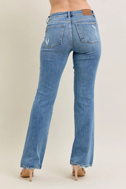 Mid Rise Wash Destroy Hem Bootcut Jeans - Eva's Edition