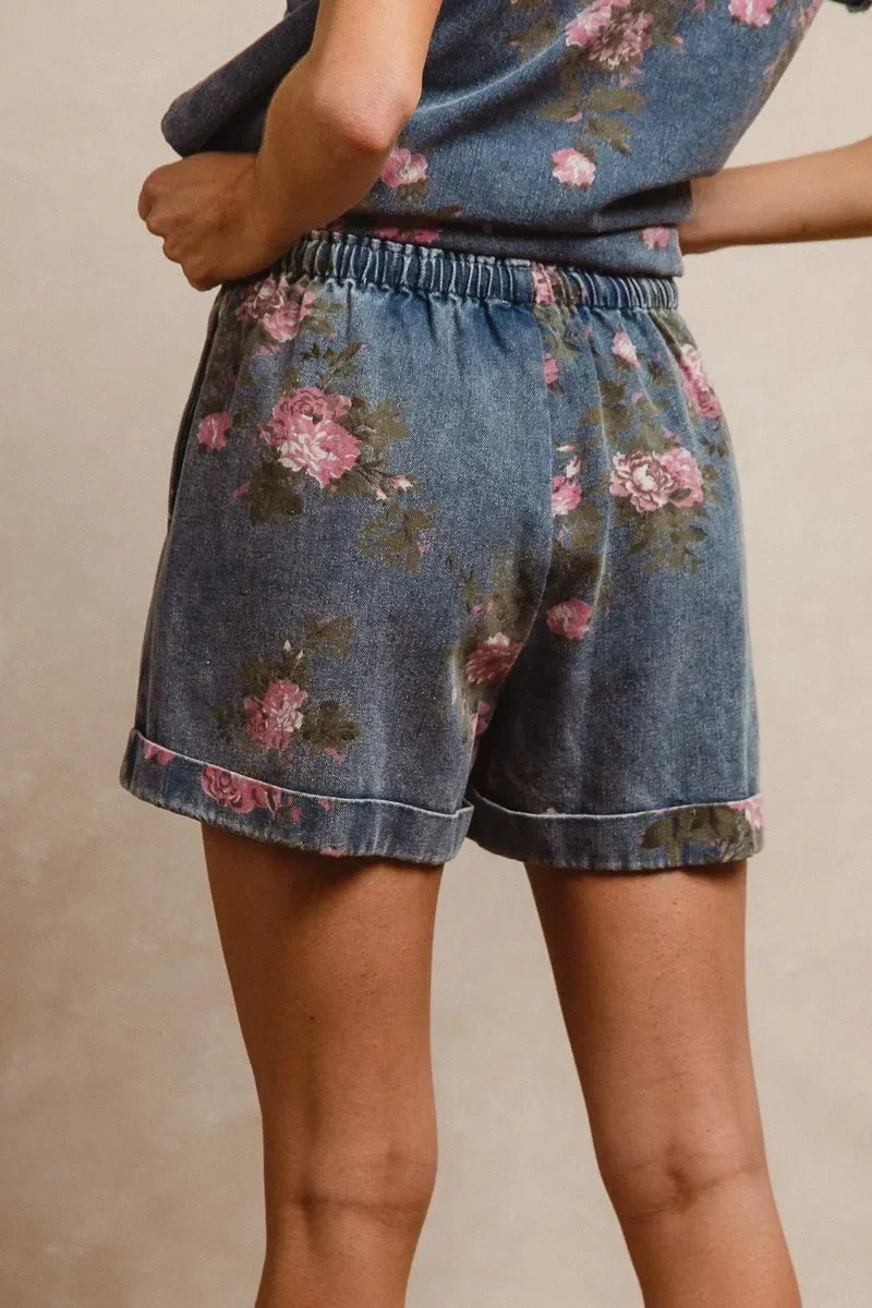 Printed Denim Short Pants With Pocket - Eva's Edition